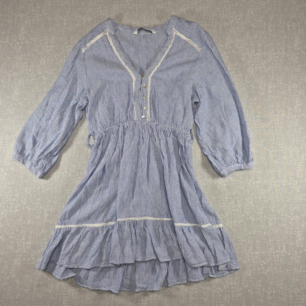 Zara Blue White Striped Linen Blend Lace Trim Mini Dress XS Boho Ruffle Hem